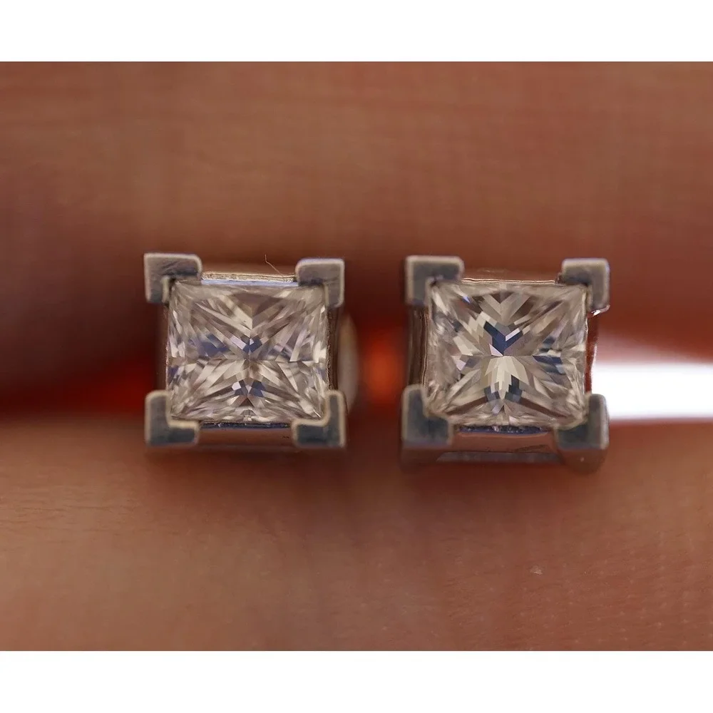 Vintage 14k Solid White Gold Natural‎ High Quality Princess Cut Diamond Earrings